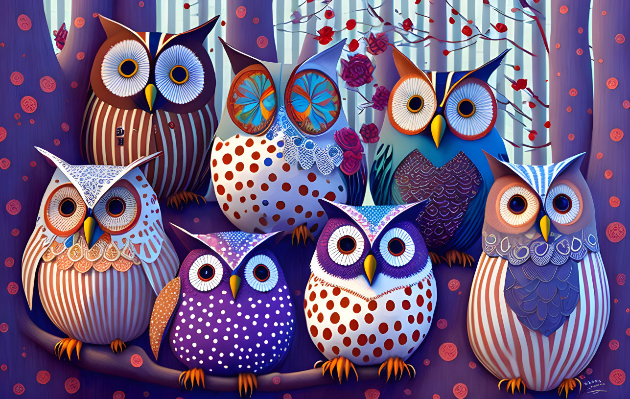 Whimsical owl illustration with varied patterns on branch at night