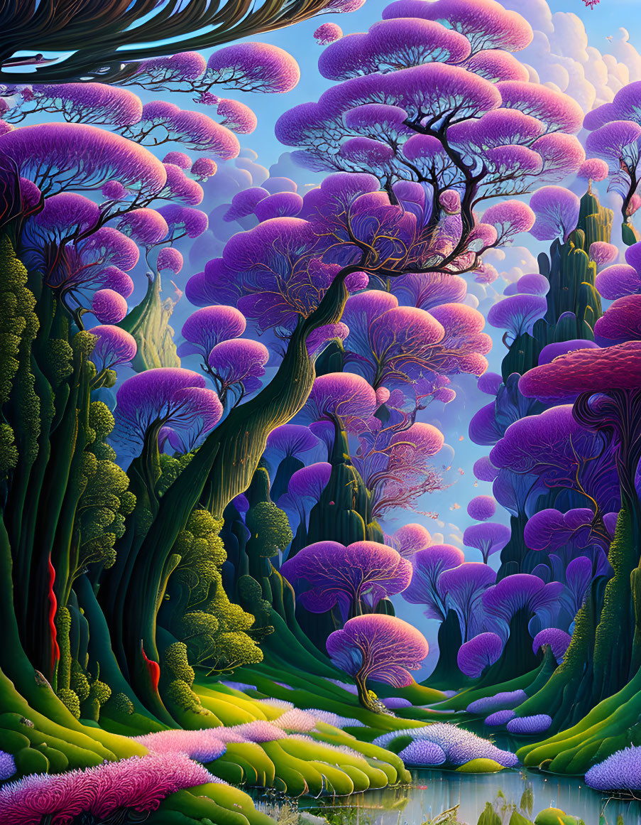 Fantastical landscape with purple tree-like structures in serene green and pink undergrowth