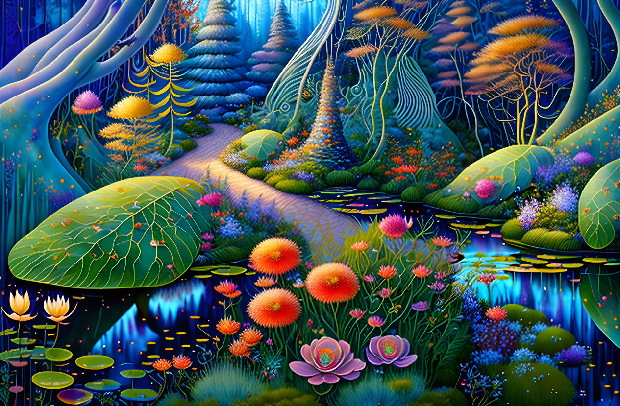 Colorful Fantasy Landscape with Winding Path, Flowers, Trees, and Ponds