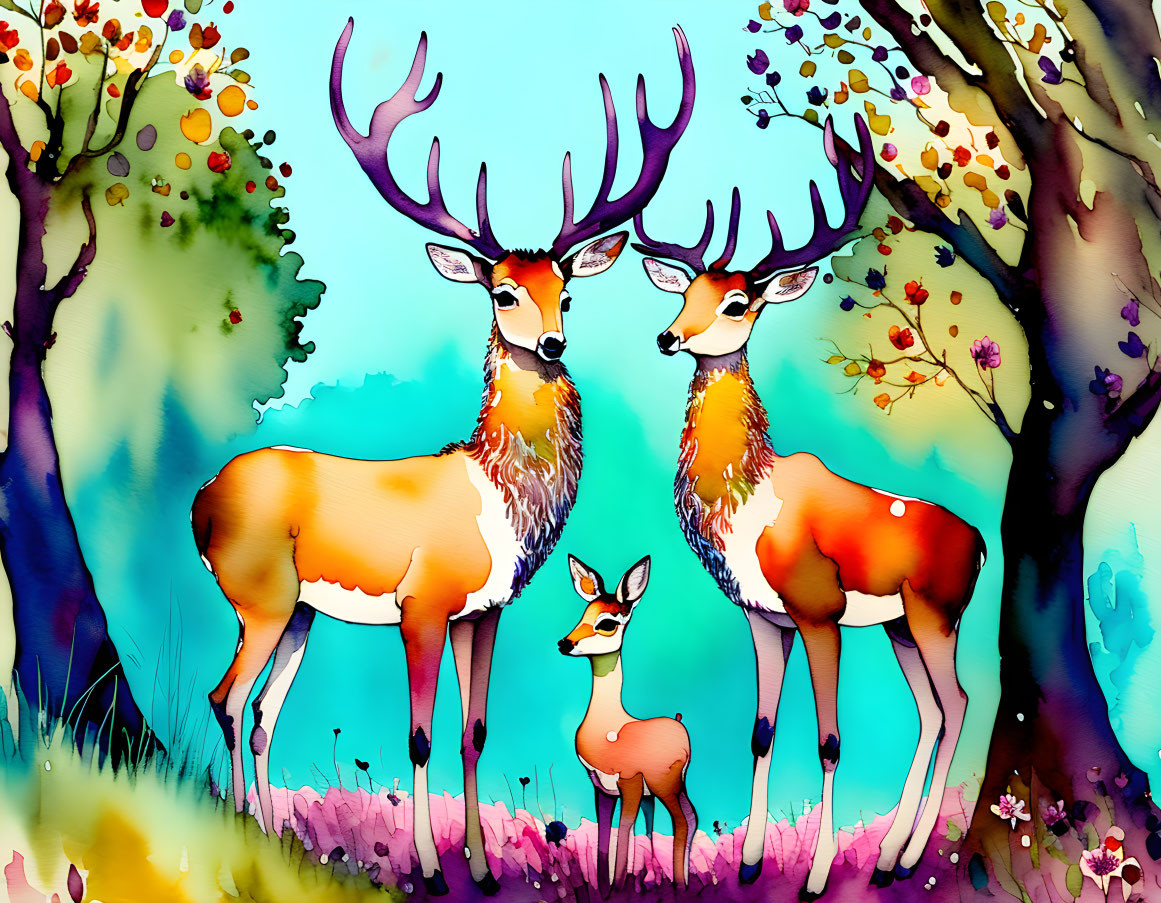 Adult deer and fawn in vibrant forest scene