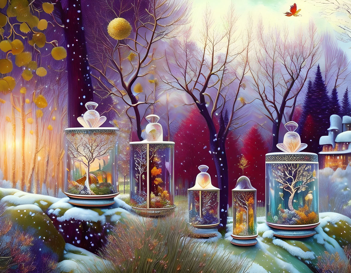 Miniature autumn landscapes in lanterns amid snowy winter scene