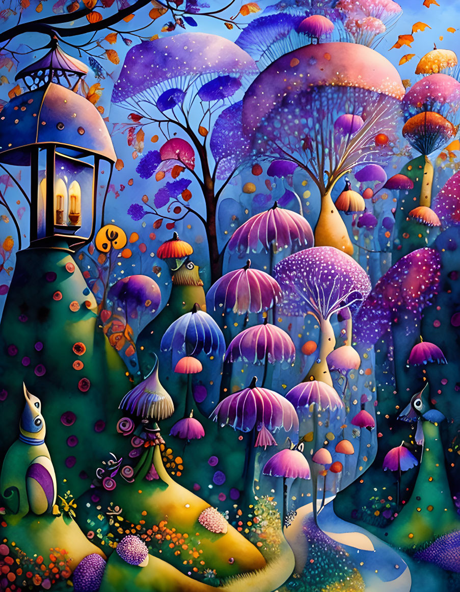 Colorful whimsical forest painting with mushroom trees and lanterns