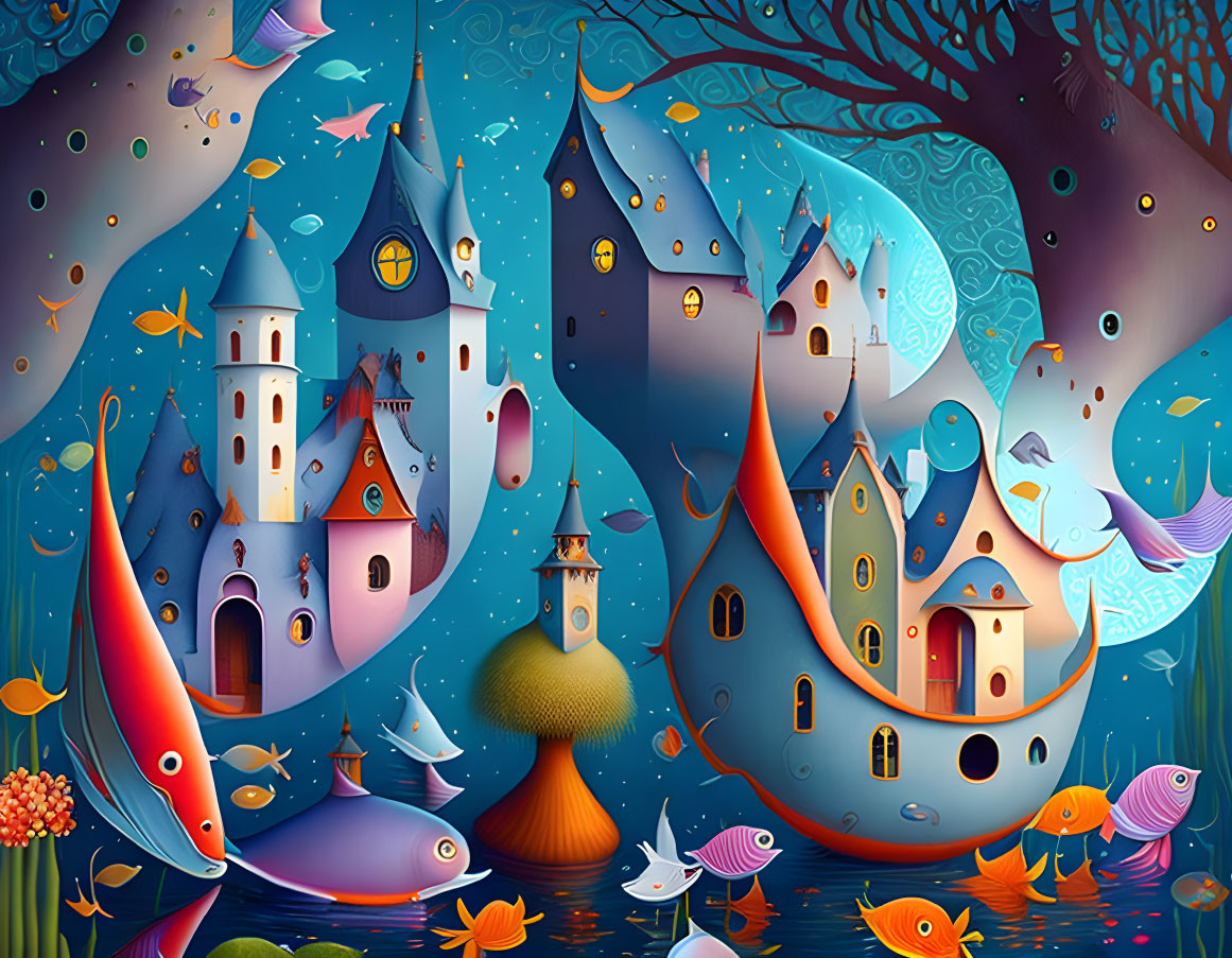 Colorful underwater fantasy illustration with fish, castles, and vibrant plant life