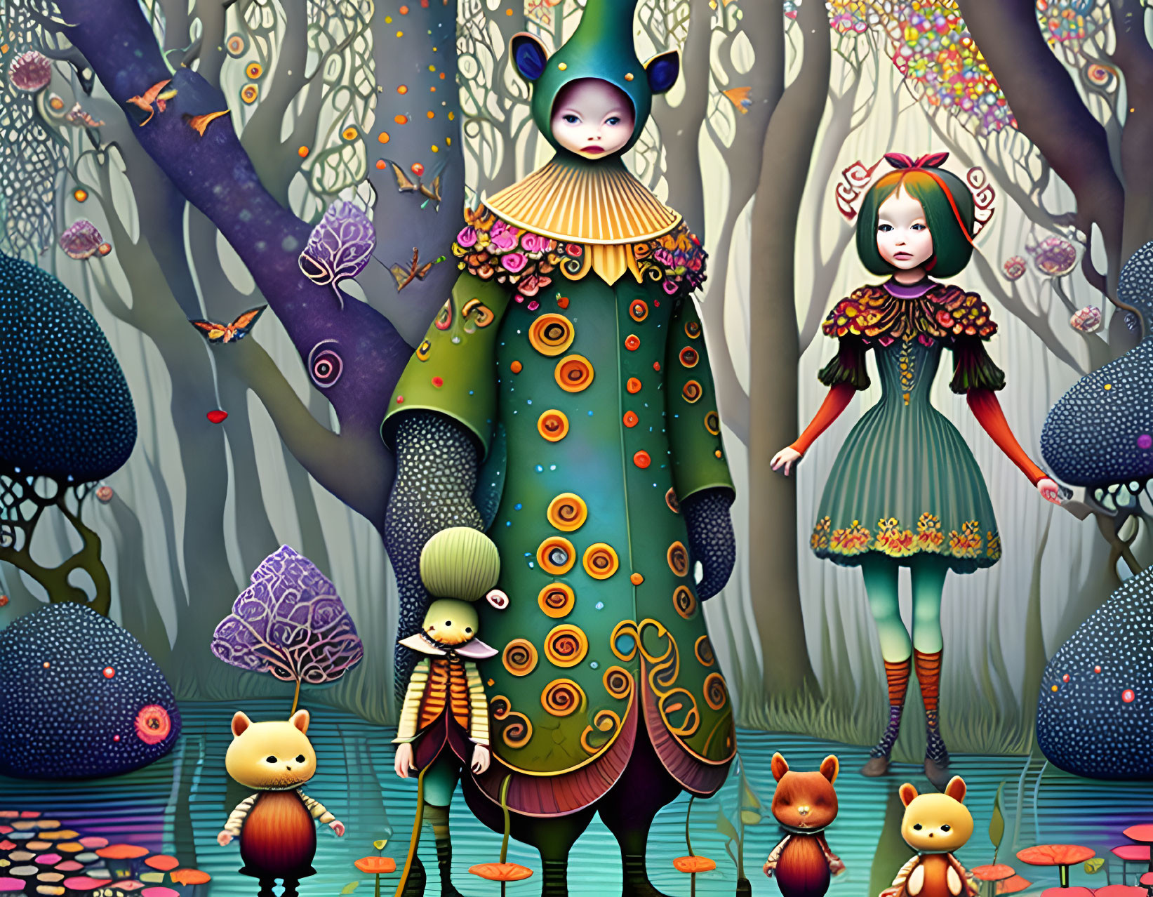 Illustration of children in forest-themed costumes with cute creatures among colorful trees