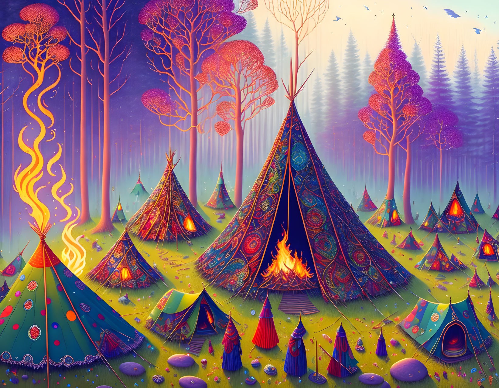 Fantastical forest scene with teepees, campfire, and colorful trees