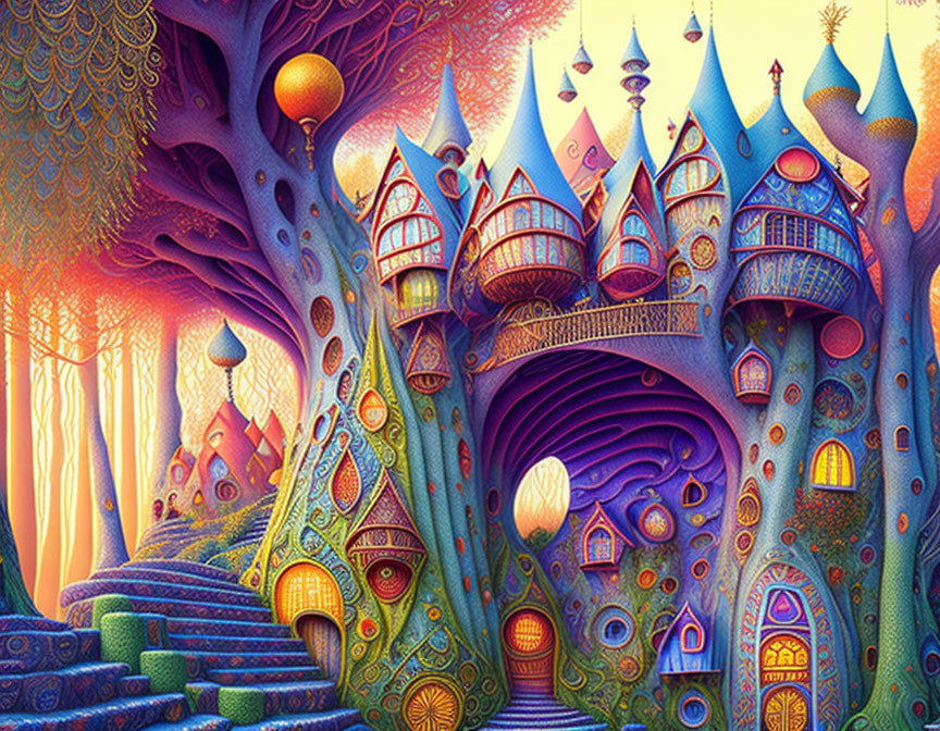 Colorful castle and whimsical trees in fantasy landscape