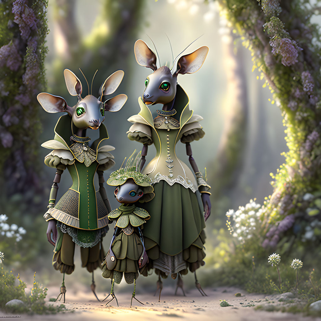 Anthropomorphic kangaroo creatures in vintage attire in magical forest