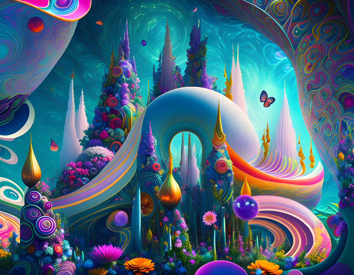 Surreal landscape with swirling patterns and exotic flora