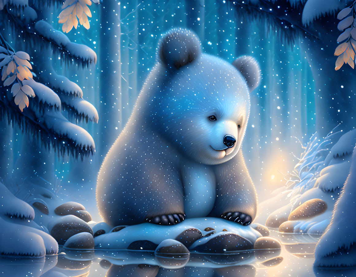 Whimsical blue bear in serene snowy landscape