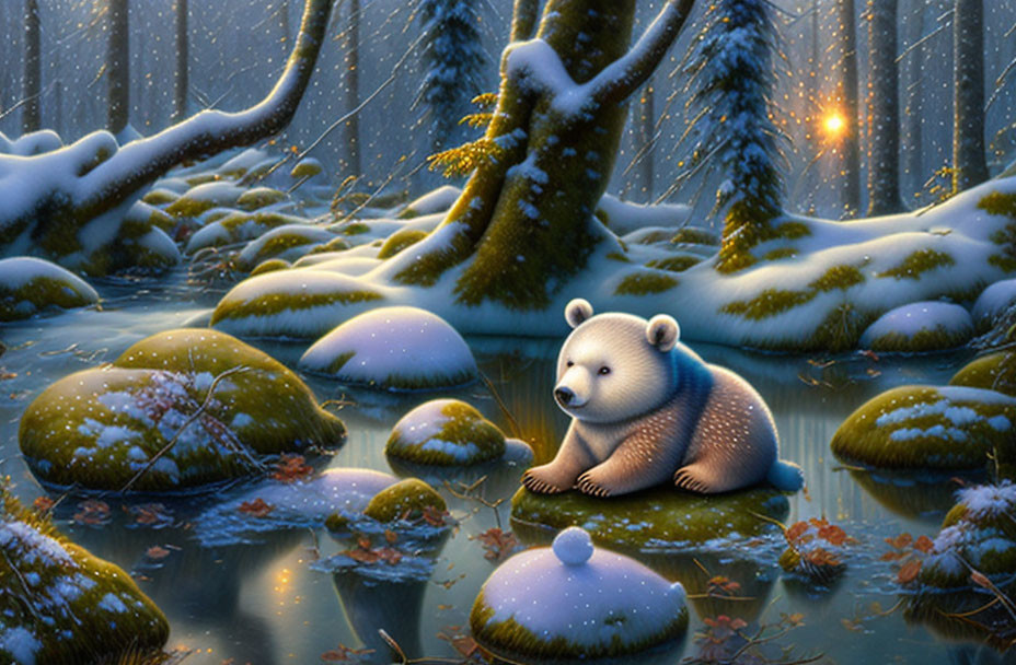 Small polar bear on mossy rock in snowy forest with falling snowflakes.