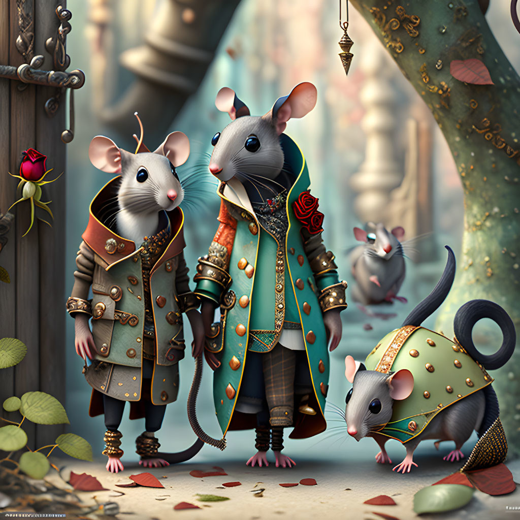 Regal attire anthropomorphic mice in ornate setting with smaller mouse and metalwork.