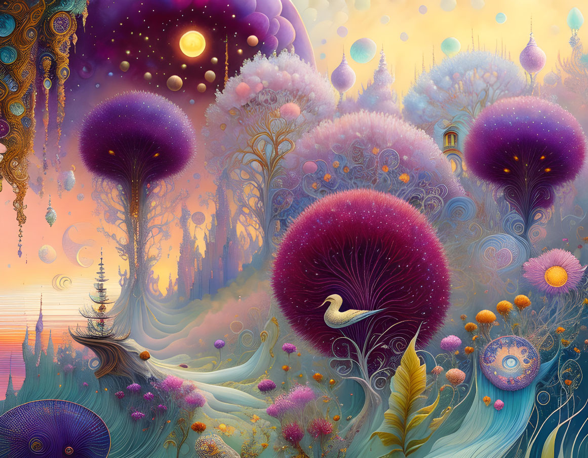 Fantastical landscape with mushroom-like trees, swan, and floating orbs