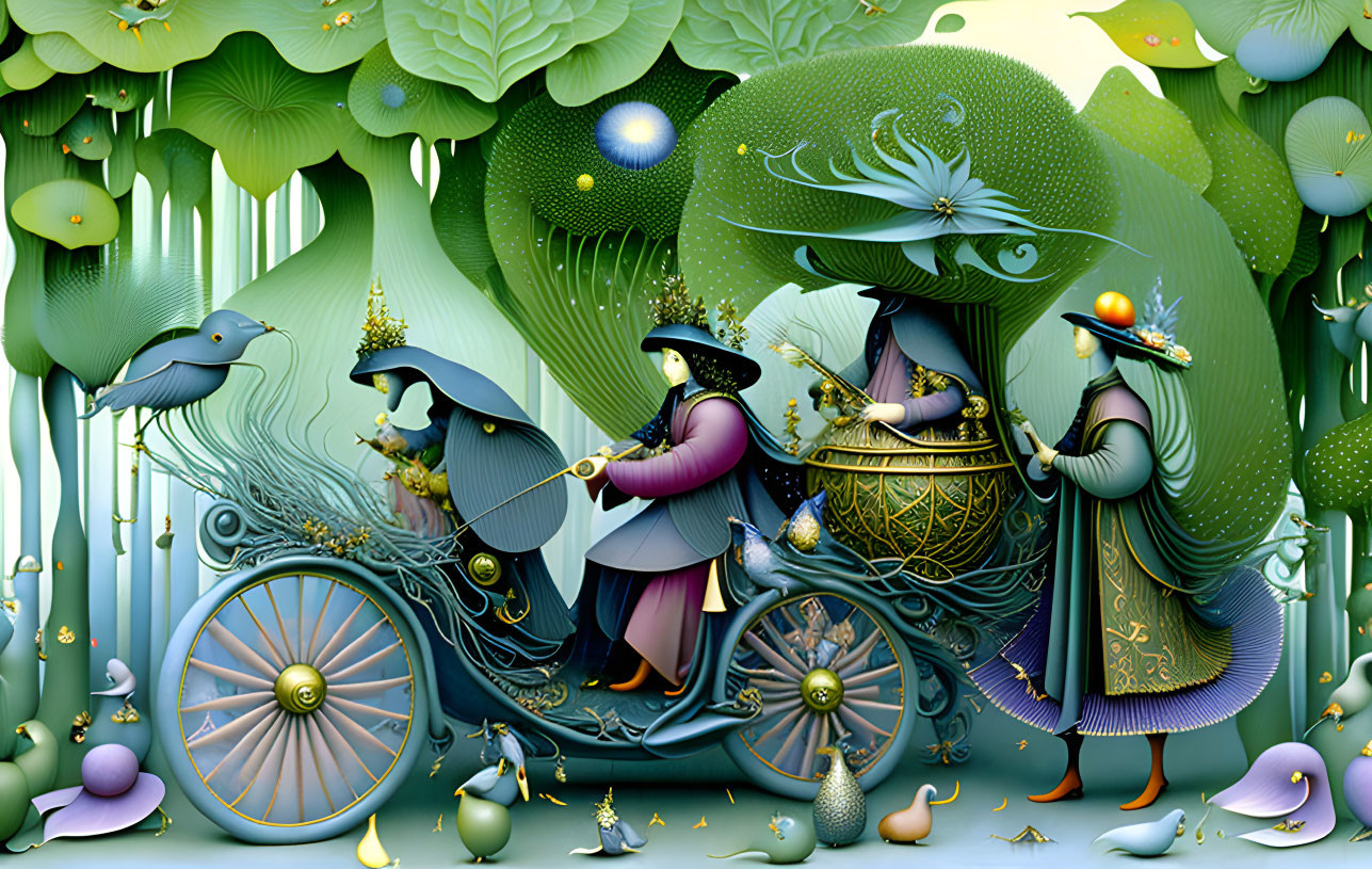 Three elegantly dressed figures in a carriage pulled by birds navigating whimsical forest full of oversized foliage and