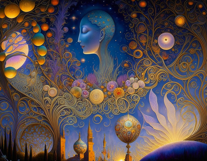 Mystical woman profile with stars in hair and celestial orbs in night sky