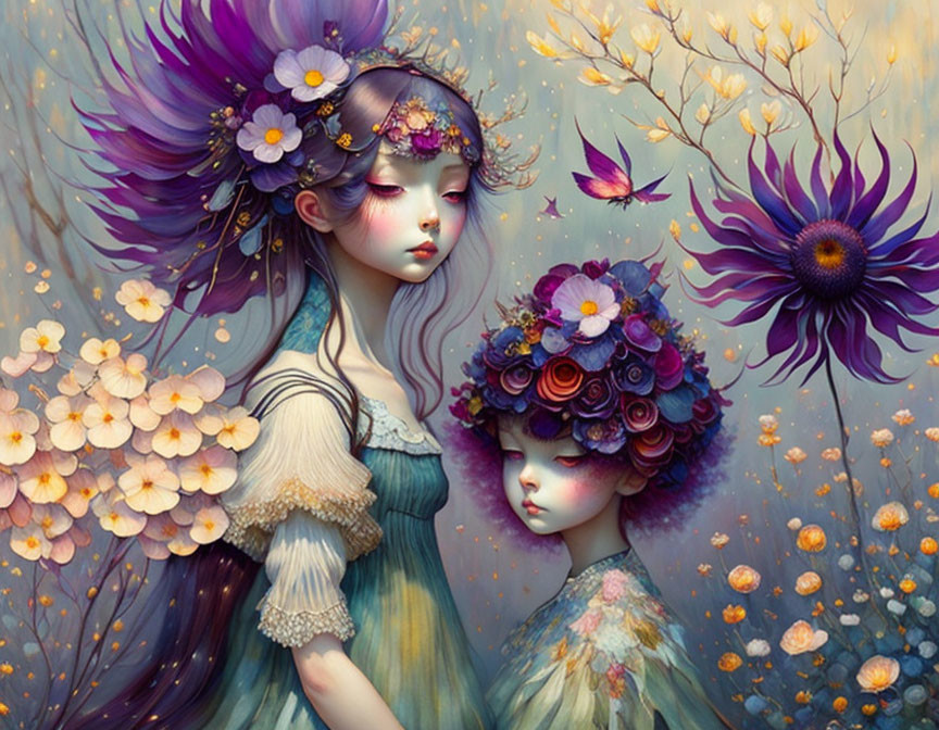 Ethereal female figures with floral hair in mystical forest scene