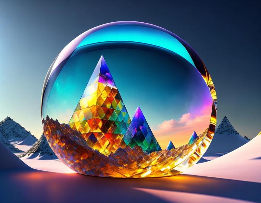 Vibrant crystalline structure in transparent sphere with snowy mountains and blue sky