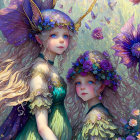 Fantasy illustration of young girl with butterfly wings in vibrant flower field