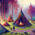 Fantastical forest scene with teepees, campfire, and colorful trees