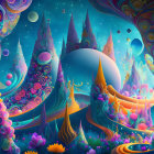 Surreal landscape with swirling patterns and exotic flora