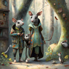 Regal attire anthropomorphic mice in ornate setting with smaller mouse and metalwork.