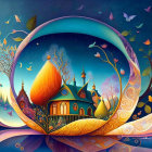 Fantasy landscape with colorful trees and houses under starry sky