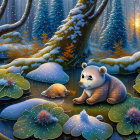 Small polar bear on mossy rock in snowy forest with falling snowflakes.