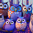 Whimsical owl illustration with varied patterns on branch at night