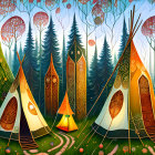 Decorative Trees and Glowing Tepees in Enchanting Forest