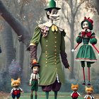 Illustration of stylized forest characters with mustached man, red girl, foxes, and purple