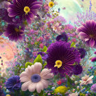 Colorful digital art: stylized flowers & plants in whimsical fantasy landscape