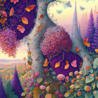 Colorful fantasy landscape with treehouse, butterflies, and sunset