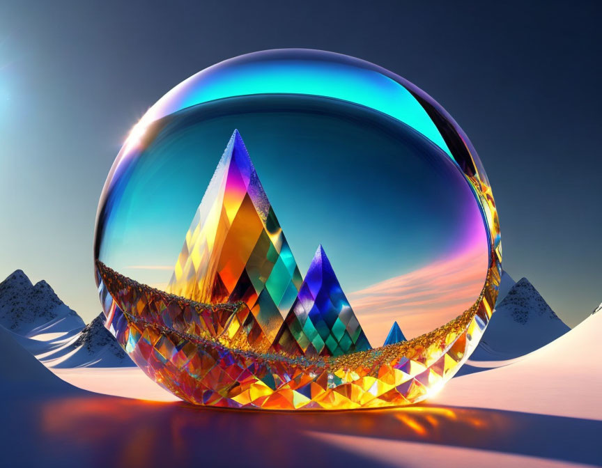 Colorful Crystal Sphere with Prismatic Mountains in Snowy Landscape