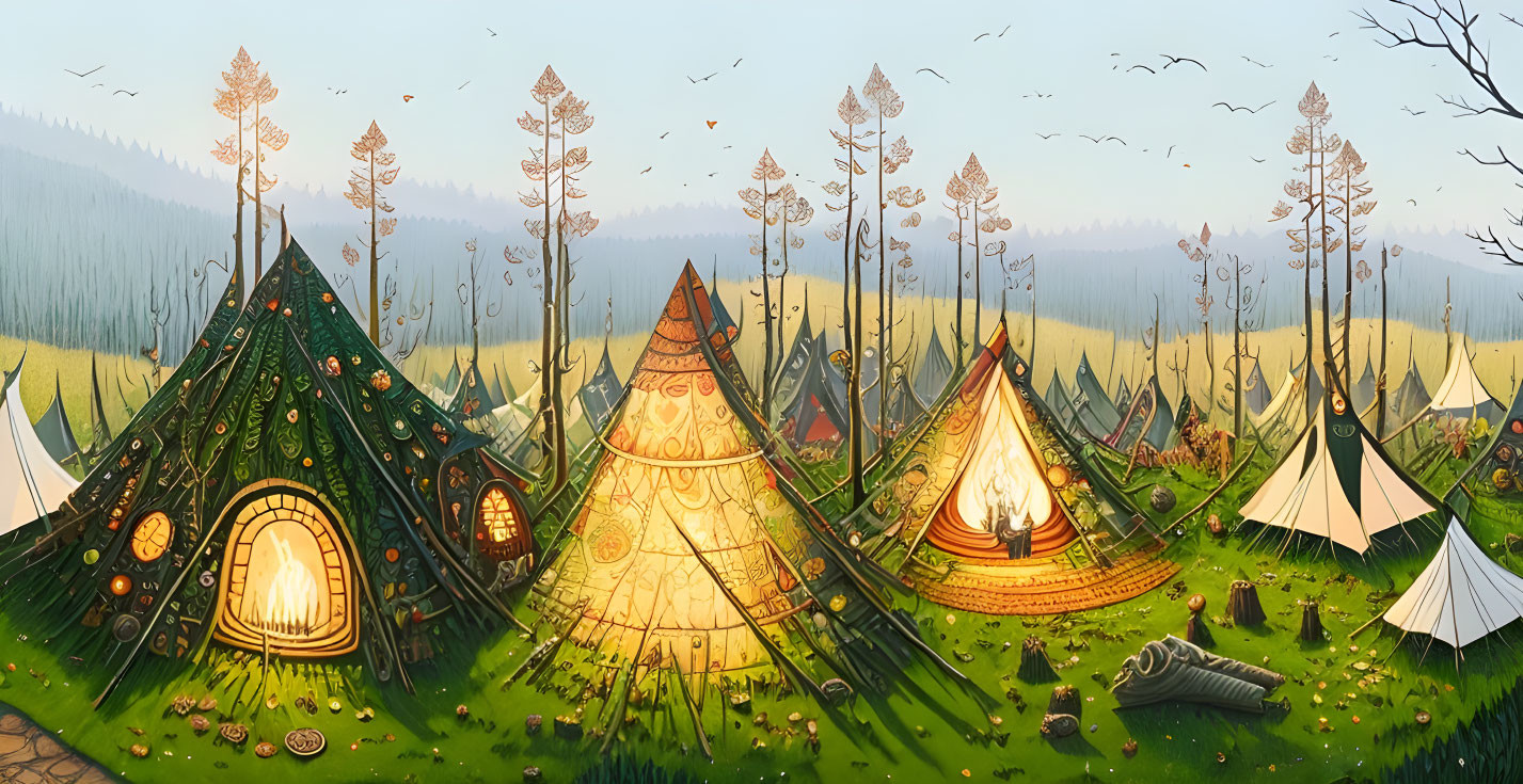 Whimsical forest camp with ornate tents and birds in flight