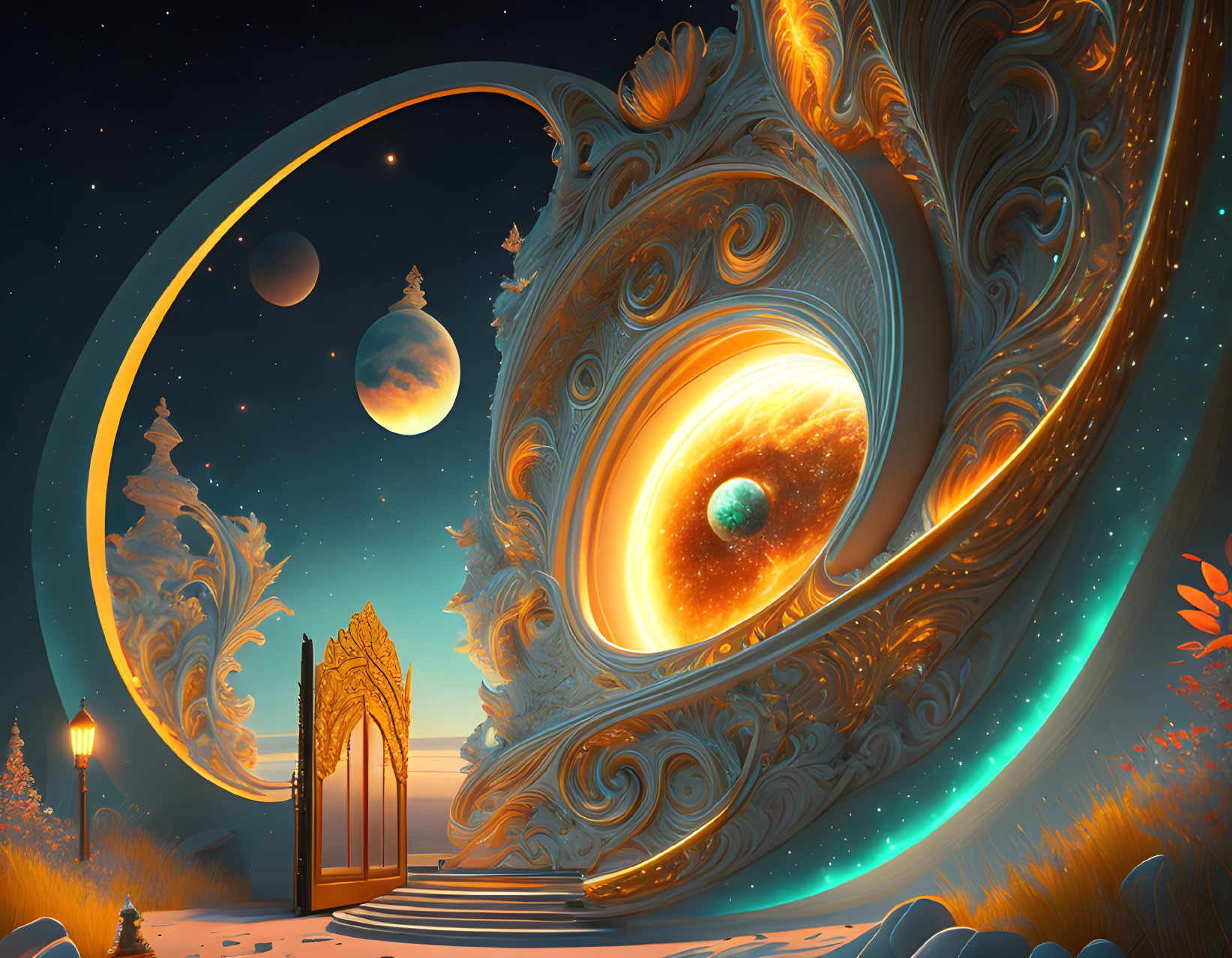 Fantasy landscape with golden gateways, swirling patterns, planets, and glowing center