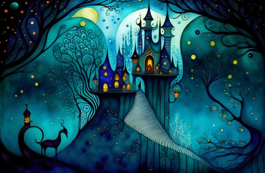 Illustration of magical castle at night with lanterns, crescent moon, staircase, and peacock