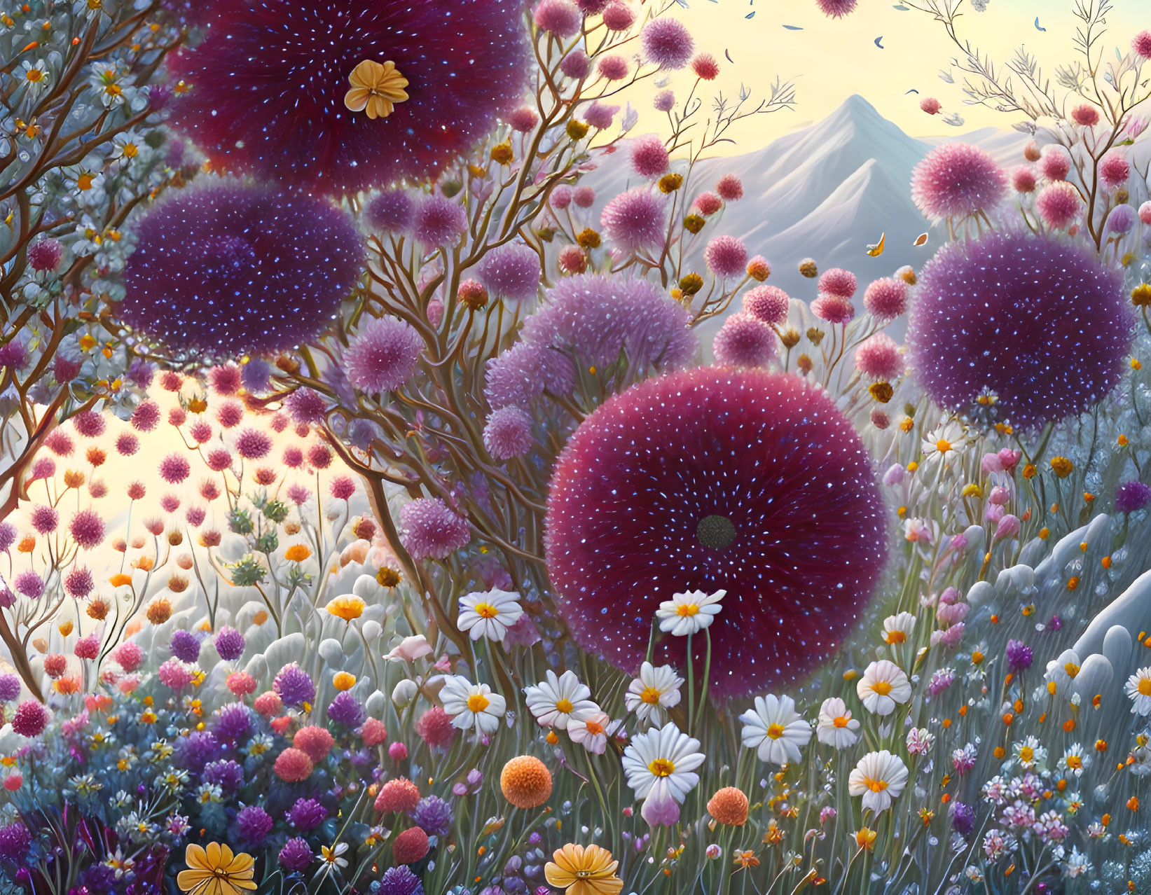 Colorful fantasy landscape with oversized flowers and distant mountain.