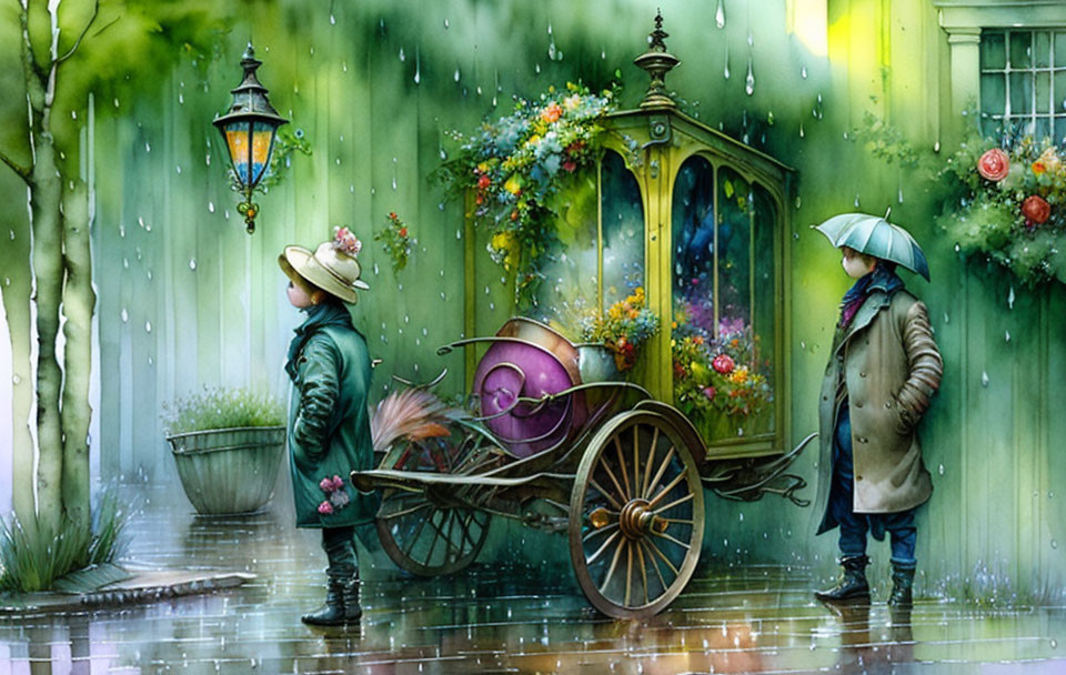 Two people on rainy street with umbrella, flower cart, and vintage lamps