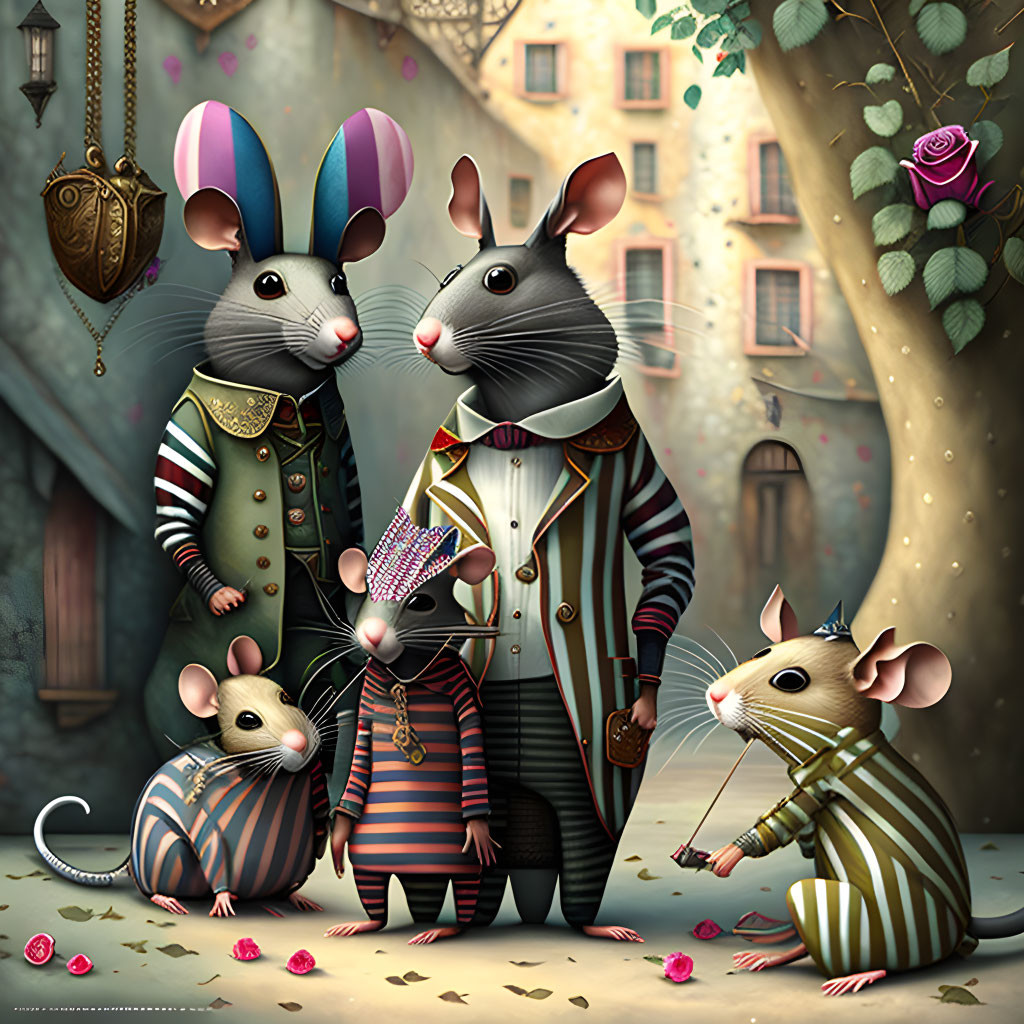 Anthropomorphic mice in Victorian attire in whimsical alley scene