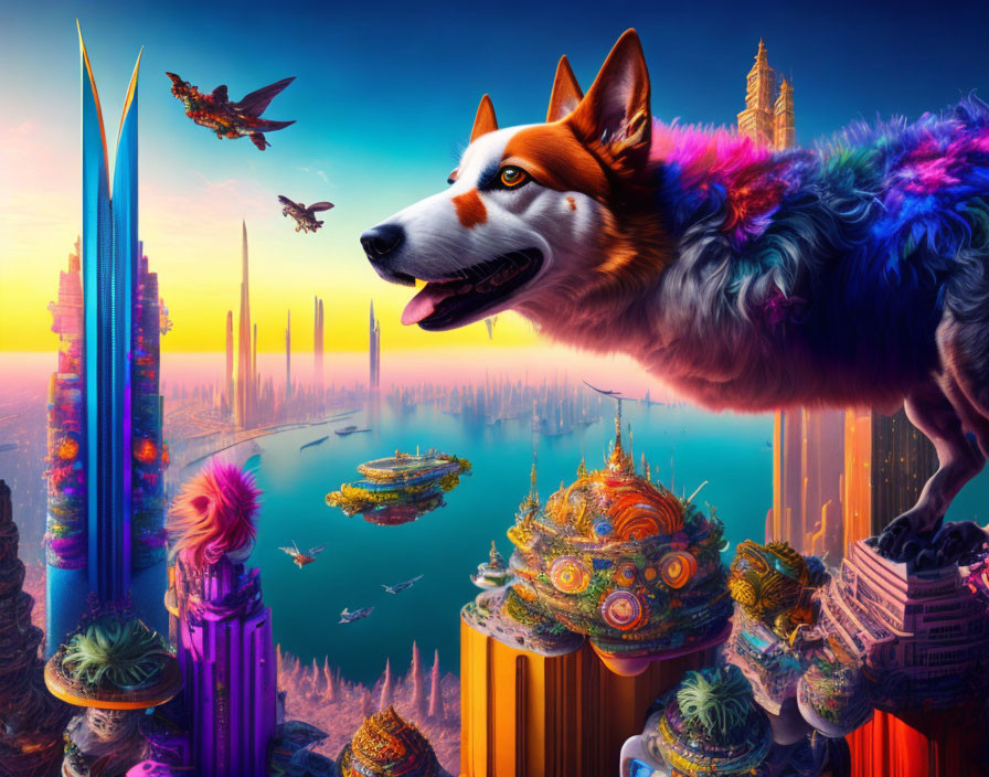 Vivid surreal cityscape with futuristic buildings and a giant winged dog