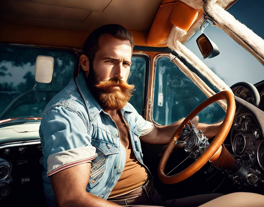 Prominent mustache man in denim jacket driving vintage car.