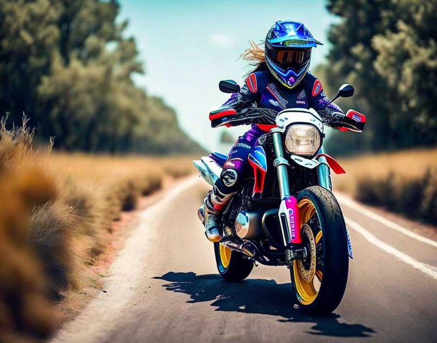 Motorcyclist in full gear riding colorful sports bike on sunny road