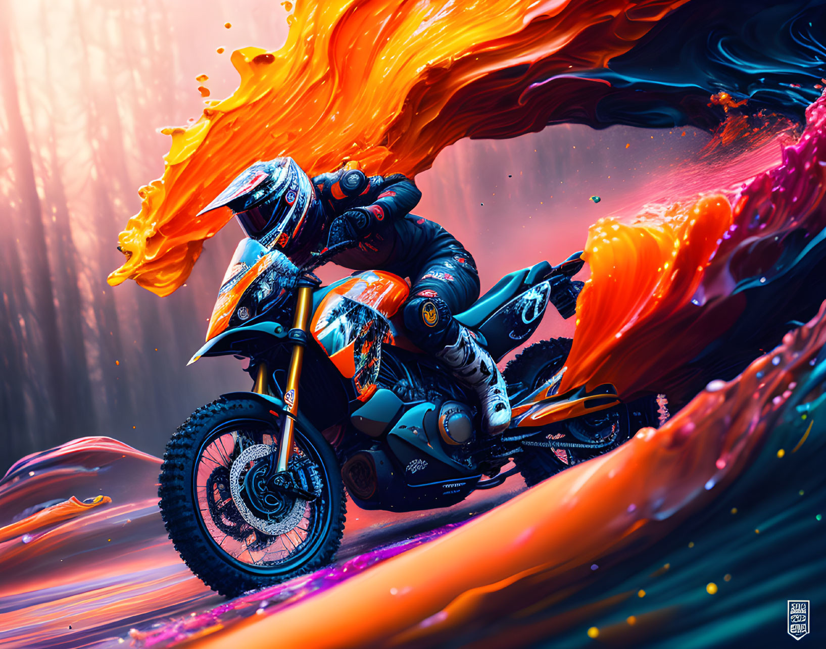 Colorful Motorcycle Rider Leans Into Turn Amid Liquid Waves