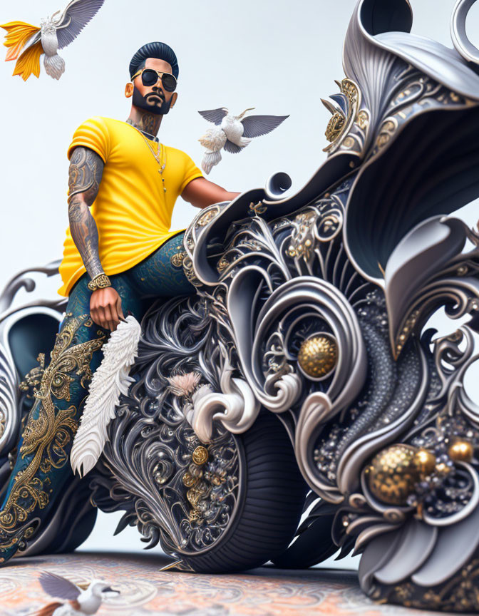 Tattooed man in sunglasses with yellow shirt and gold chain next to ornate black sculpture with