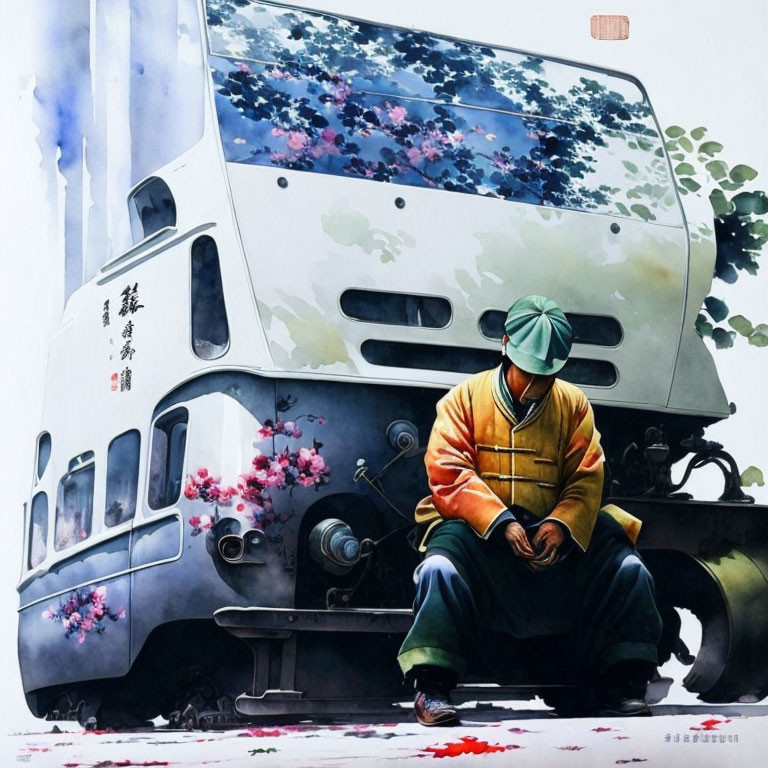 Individual squatting on train tracks with white train and colorful floral design; smoke in background