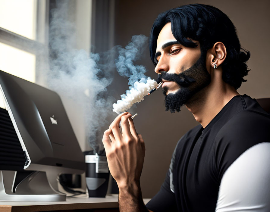 Bearded man smoking at computer desk