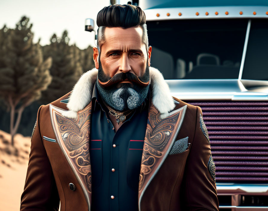 Detailed illustration of man with large beard and mustache in brown jacket with silver embroidery, posing by classic