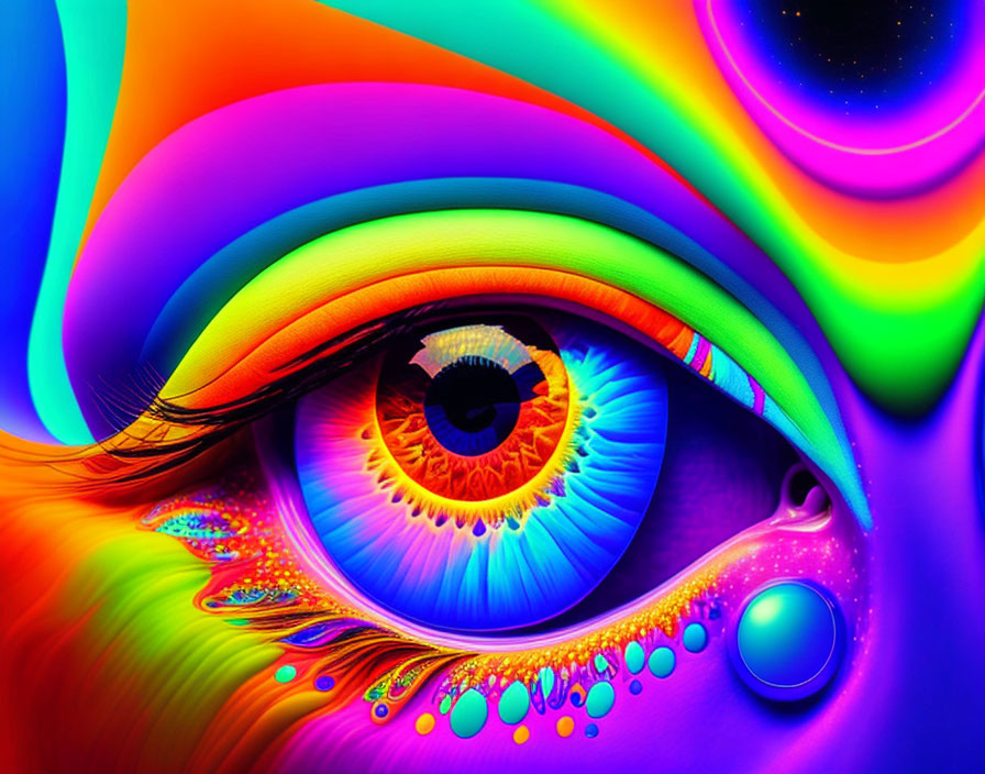 Colorful digital artwork: Hyper-colored human eye with psychedelic swirls