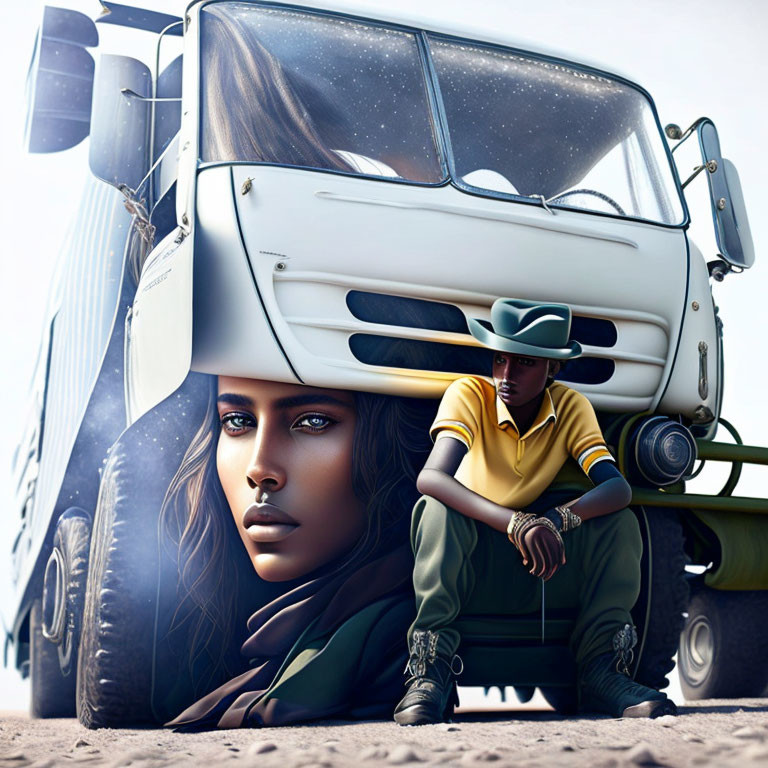 Surreal image: Woman's face merges with vehicle, man sits on bumper