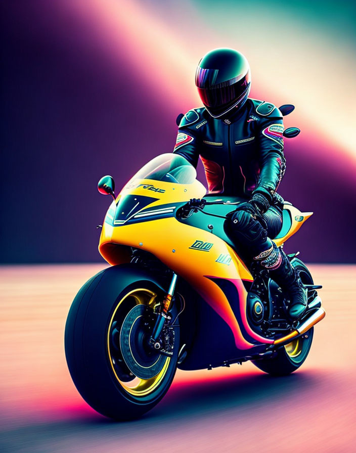 Motorcyclist in Black Helmet and Suit on Yellow Sport Bike Against Colorful Gradient Background