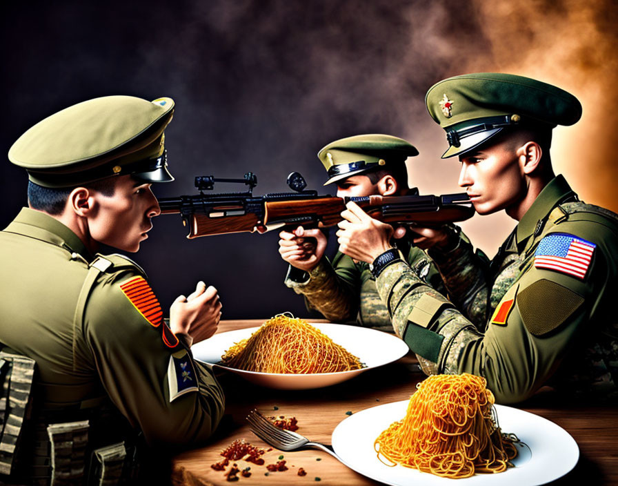 Animated soldiers aiming gun at spaghetti plate.